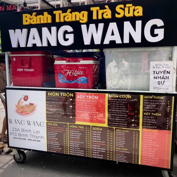 Bảng hiệu alu chữ nổi quán bánh tráng trà sữa WANG WANG thiết kế đẹp mắt