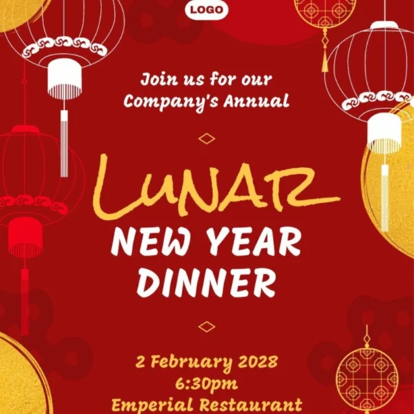 Backdrop tiệc Tết Nguyên Đán 2025 – thiết kế chủ đề Lunar New Year Dinner, tone đỏ – vàng may mắn, thi công bởi Quảng Cáo Sắc Màu.