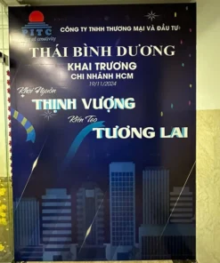 Backdrop sự kiện Tập đoàn Thái Bình Dương – thiết kế tone xanh đen sang trọng, slogan "Thịnh vượng tương lai", thi công bởi Quảng Cáo Sắc Màu.