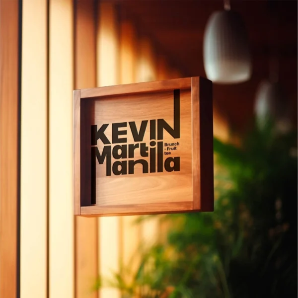 Bảng hiệu đẹđ gỗ khắc tên Kevin Mahilia, thiết kế tối giản, sang trọng, phù hợp không gian mộc
