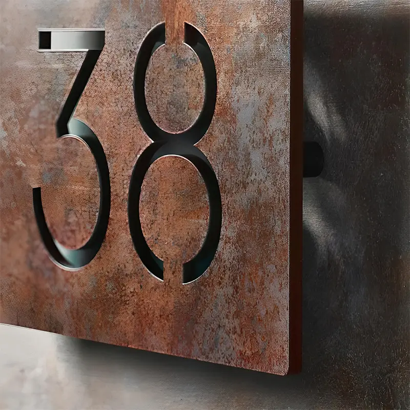 Bảng Hiệu Sắt CNC Cao Cấp - Sự Kết Hợp Hoàn Hảo Giữa Mỹ Thuật Và Công Nghệ Bảng hiệu sắt CNC số 38 phong cách tối giản, khắc âm bản số nổi bật trên nền sắt rỉ sét nghệ thuật