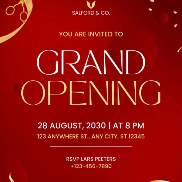 Băng rôn khai trương màu đỏ sang trọng, thiết kế tối giản, font chữ tinh tế phù hợp sự kiện cao cấp