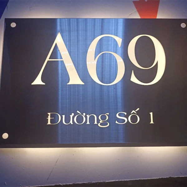 Bảng INOX giá rẻ chất lượng Bảng số nhà A69 nền đen chữ trắng hiện đại, gắn đèn LED sang trọng