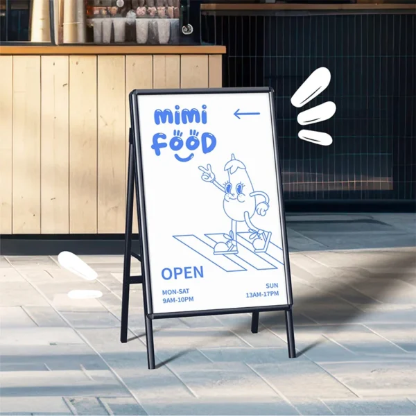 Bảng hiệu hộp đèn đứng biến hóa mọi phong cách Standee khung sắt menu quán ăn Mimi Food thiết kế tối giản, chân sắt chữ A